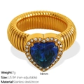 Gold stainless steel ring featuring a 14mm blue heart zircon and ribbed band design - US Size 8 / Gold with Cobalt Blue Zircon