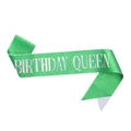 Glittering green Birthday Queen sash with silver laser lettering for birthday parties - Holographic Green Birthday Queen