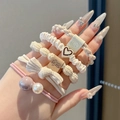 Elastic beige and pink scrunchies with cute rabbit heart charms and pearl details - Five-Piece Set / 10# Beige (4-6cm)