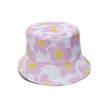 Close-up of pink flower print details on white cotton bucket hat for summer - White Base With Pink Five-Petal Flowers (B)