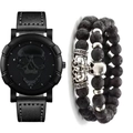 Detail of hip hop skull quartz watch with black leather strap and lava rock bead bracelets - Black + Bracelet