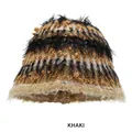 Khaki mix fluffy knit bucket hat with textured shaggy faux fur for winter warmth - M (54-58cm) / Khaki