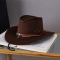 Dark brown wool felt western cowboy hat with turquoise pendant and windproof drawstring - Adult (55-60cm) / Coffee
