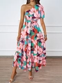 Detail van roze maxi bloemenjurk met een schouderontwerp en verstelbare tailleband - S / Roze Print