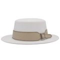 Chapeau canotier classique en feutre blanc avec ceinture en cuir beige et boucle argent - Blanc (Ceinture Beige)