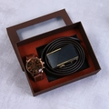 Men's gift set featuring a dark brown leather belt and a gold watch with brown strap - 3-Piece Coffee Set (Coffee Belt + Watch + Gift Box)