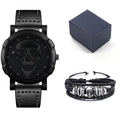 Gothic hip-hop watch set with 3D skull dial, braided bracelet, and premium gift box - Black / Watch + Bracelet + Gift Box