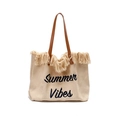 Detail of Summer Vibes embroidery on canvas tote bag with brown leather handles and fringes - 46*33*19 / Off White