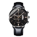 Men's minimalist black business quartz watch with leather strap and calendar display - Leather Black Case Rose Gold Face