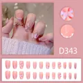Detail of pink gradient press-on nails with 3D butterfly, pearls and 24-piece full set - Flesh Pink Gradient Butterfly Pearl Style (D343) / 24 Pcs/Set