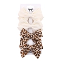 Five-piece bow hair clip set featuring cream fabric and leopard print patterns on card - DP037-13 (5pcs Set: Beige Solid/Leopard Print)