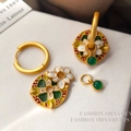 Matte gold Chinese style modular earrings with white floral enamel and green gemstones - T2345 Style / Floral Green Gem