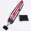 Adjustable red white and blue striped fabric wide shoulder strap with black leather mini pouch - Black Red White Blue Striped