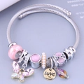 Zilveren roestvrijstalen kabelarmband met roze vlinderbedel en gegraveerd LOVE-label - Roze