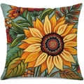 Linen sunflower pillow cover with oil painting style floral print on grey-green background - 45x45cm Pillow Cover / Oil Painting Style Large Sunflower-1 (24ym0756-1)