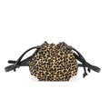 Detail of leopard print bucket bag with silver metal corner protectors and drawstring - Yellow