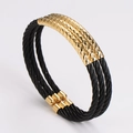Three-layer black stainless steel wire cable cuff bracelet with gold plated metal accents - Gold Black