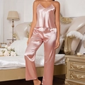 Zweiteiliger Damen-Schlafanzug aus rosa Seidensatin mit Camisole-Top und langer Hose - S / Lotusrosa