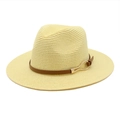 Detail of wide brim straw Panama hat featuring brown leather band and gold metal buckle - M (56-58cm) / Milk Yellow