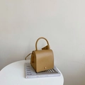 Minimalist mustard yellow vintage square handbag in smooth PU leather with top handle - Khaki
