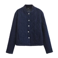 Dark blue diamond-quilted denim jacket for women with silver metal buttons and stand collar - XS / Dark Blue