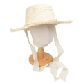 Detail of woven straw hat with delicate white lace trim and long ribbons on mannequin - M (56-58cm) / Beige Straw With White Lace Edge (E#)