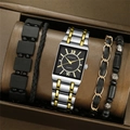 Close-up of luxury gift set with square black watch and three fashion bracelets - Watch And Bracelet Set / Two-tone Jewelry Set