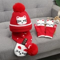 Kids red winter knit set with cat patterns including a pom-pom hat, scarf, and gloves - One Size (Recommended 2-8 Years / 48-53cm) / Red-Cat Label (TB686428494195)