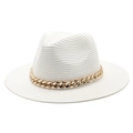 Cappello di paglia bianco stile Fedora con elegante decorazione a catena dorata - M (56-58cm) / Bianco
