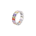 Elegant silver rainbow ring featuring baguette-cut multi-color gradient gemstones - Silver Tone + Colorful Zirconia