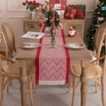Red and white herringbone table runner with decorative tassels for Christmas holiday decor - Dark Red Wave Pattern With Fringed Edges