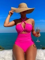 Detail of rose pink halter neck swimsuit with front cutout design and cross straps - S / Rose Red