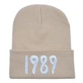 Beige Taylor Swift 1989 embroidered knit beanie hat for winter warmth and hip hop style - Adult (Stretchy) / Beige