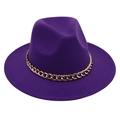 Detail of deep purple wool fedora hat featuring a stylish gold metal chain decoration - Purple