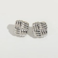 Square woven knot stud earrings in polished silver finish for a minimalist chic look - Woven Style / Silver