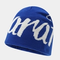 Detailed close-up of dark blue beanie showing white script lettering and knit texture - Blue