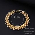 Bracelet chaîne massif en acier titane plaqué or 18K avec texture diamantée et fermoir mousqueton - Bracelet fait main doré de 13,5 mm