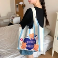 Blue and white striped canvas tote bag with cartoon bears and Sweet Bear text - Blue Stripe Sweet Bear