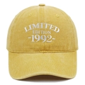 Detailed close-up of 1992 Limited Edition embroidery on vintage washed yellow cotton cap - Yellow