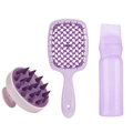 Light purple hair care set with scalp massage brush, detangling comb, and squeeze bottle - Scalp Care Bottle 3-Piece Set (Vented Brush + Scalp Brush + Applicator Bottle) / Purple