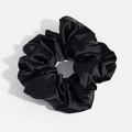 Elegant black satin silk scrunchie with smooth glossy texture and elastic stretch - Black Small