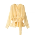 Elegant cream yellow chiffon dress with puff sleeves and pleated ruffle hem design - S / Yellow