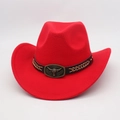 Detail of red cowboy hat with brown leather band and vintage bull head metal buckle - One Size / Red