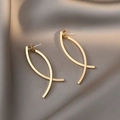 Elegant gold geometric crossover pearl stud earrings on a brown silk background - 65# Cross Geometric Studs