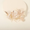 Elegant bridal hair clip featuring golden metal flower petals with white pearl center - Gold HS-J6124