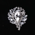 Silver alloy crystal flower brooch with large pear-shaped center stone and marquise petals - MM-BR-0027 / Silver