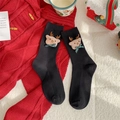 Cute black Christmas crew socks with 3D plush reindeer head and green ribbon bow decoration - One Size / 3D Reindeer / Black