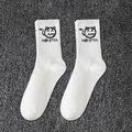 White mid-tube crew socks with MONSTER text and cartoon cat print for street style - One Size(37-46) / D1 Series-No.12 (White Monster Cat)