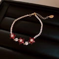 Adjustable gold bracelet with alternating red and white zircon flower motifs - Gold Red Floral Style (46#)