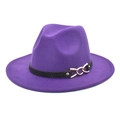 Detail of purple fedora hat featuring black band with golden metal chain accent - Purple